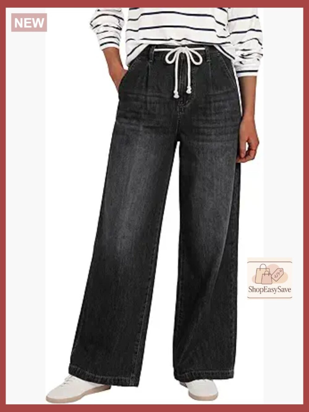 Wide Leg Jeans High Waist Drawstring Denim Pants with Pockets Casual Relaxed